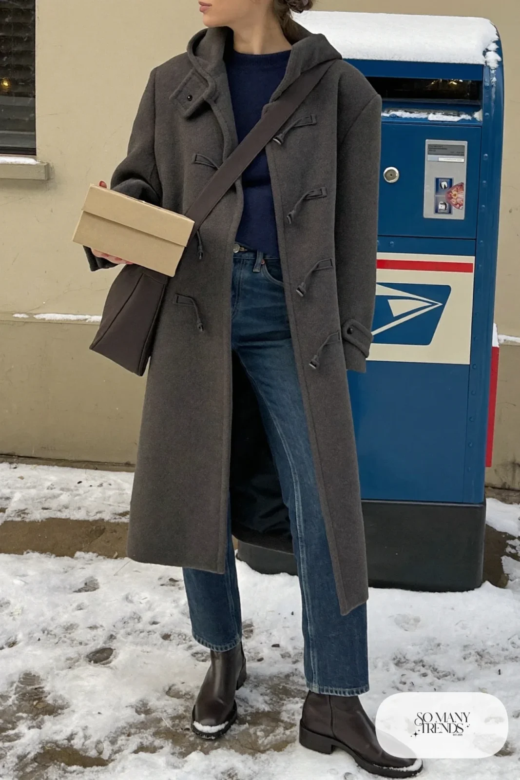 gray wool duffle coat toggle closures navy knit sweater dark tailored jeans dark brown leather boots crossbody bag outfit 15