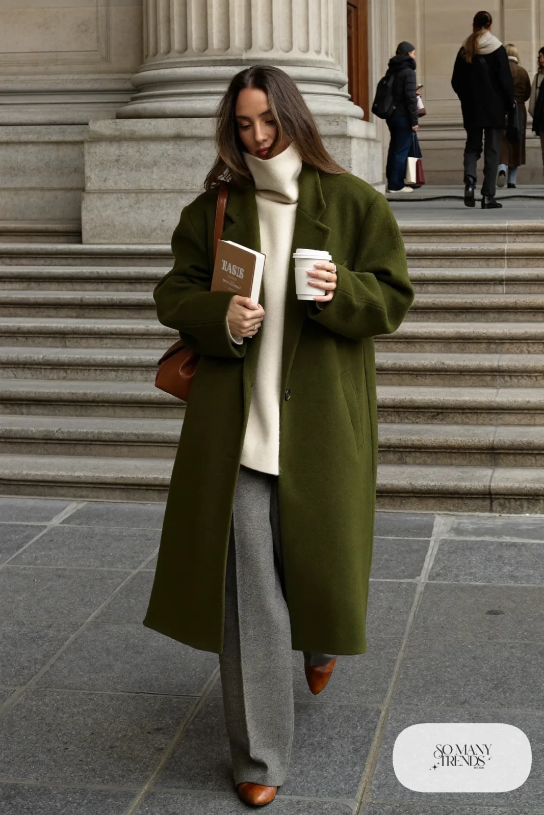 forest green long wool coat cream turtleneck gray wide leg pants brown boots brown leather bag outfit 22