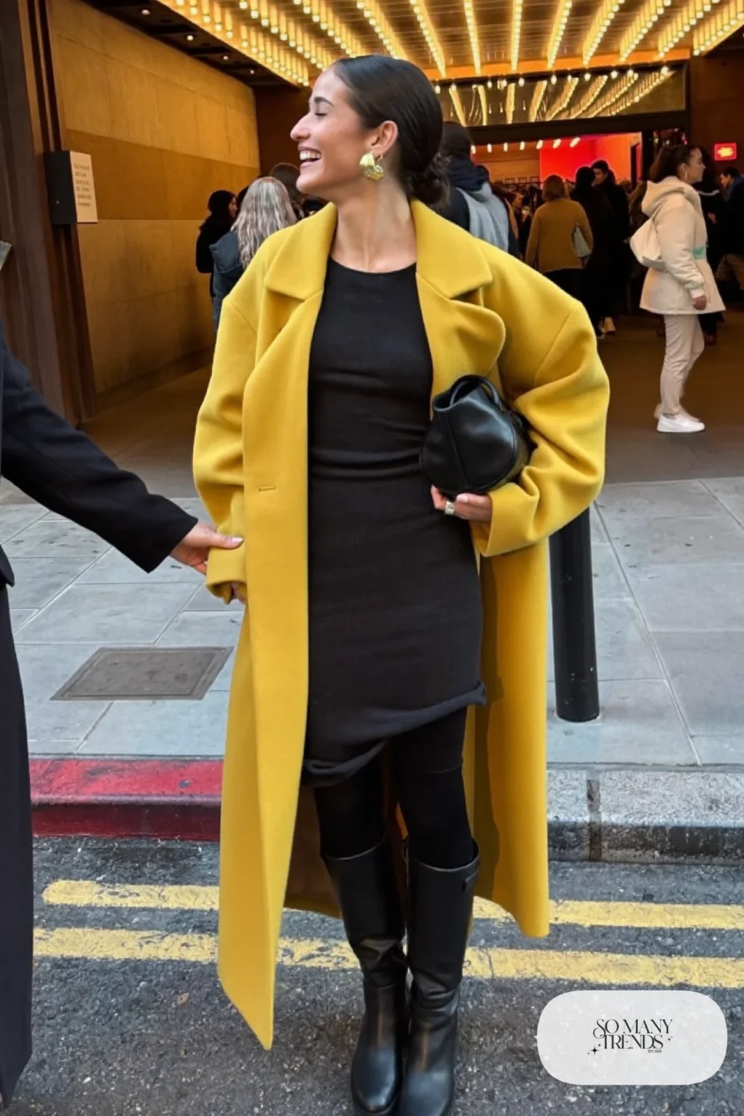 mustard yellow oversized wool coat black knit midi dress black tall boots black tights gold earrings black bag outfit 28
