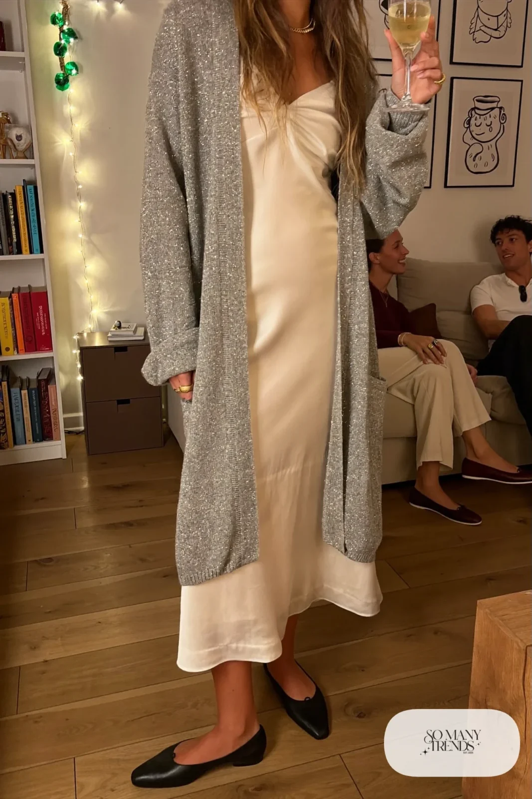 silver shimmer knit cardigan ivory satin slip midi dress ballet flats gold necklace outfit 20