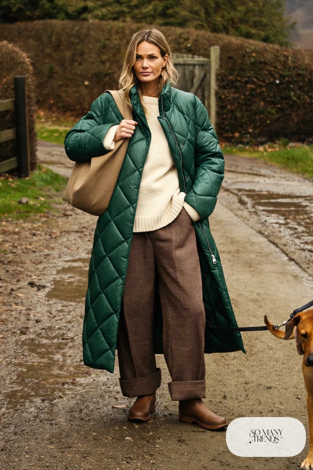 green long quilted coat cream chunky knit sweater brown plaid wool wide leg pants brown waterproof boots tan tote outfit 32