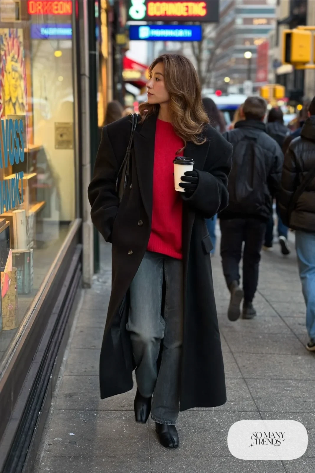 long black wool coat cherry red knit sweater gray straight jeans black ankle boots black leather bag outfit 33