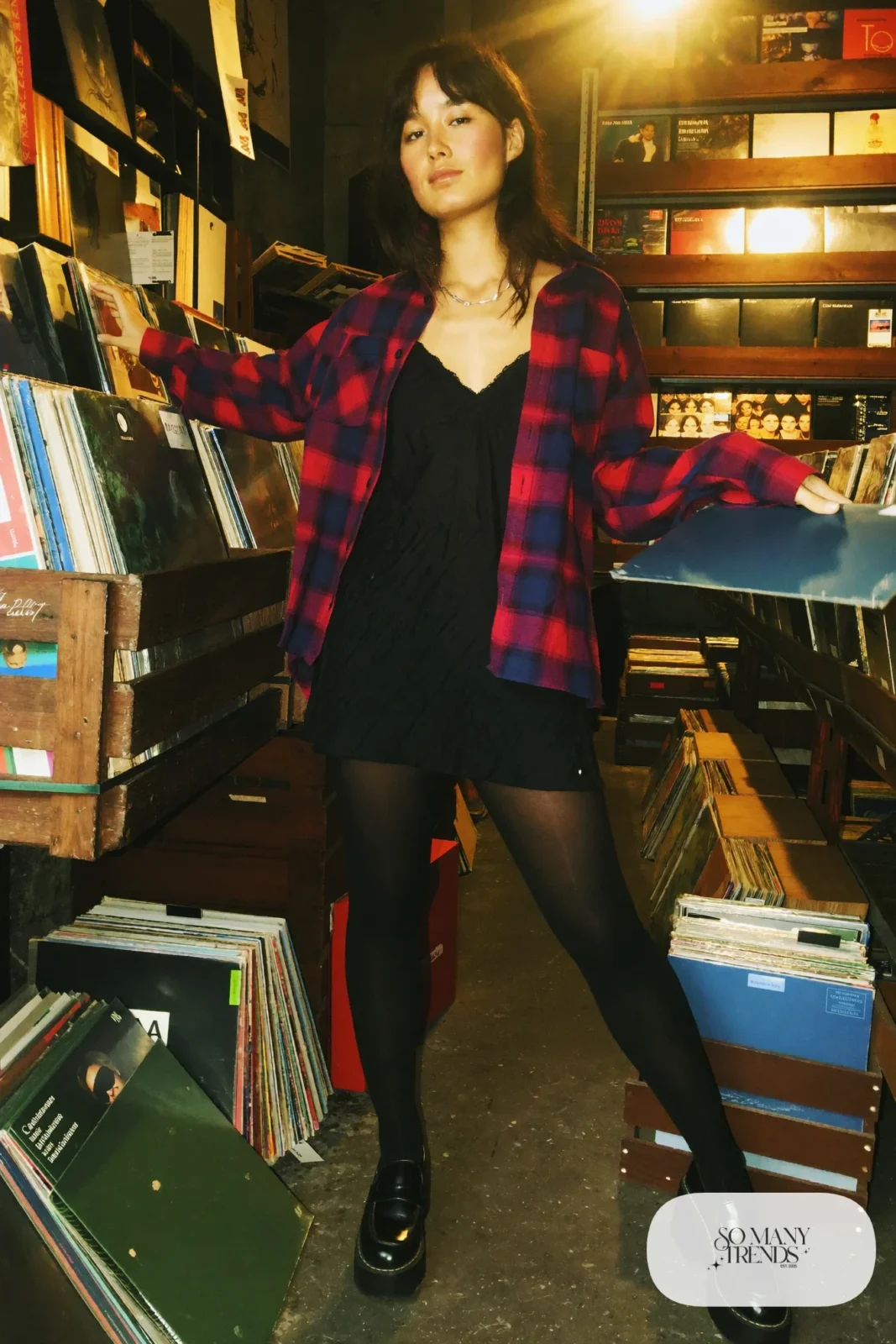 oversized burgundy flannel shirt open over black slip dress black tights platform loafers outfit 2
