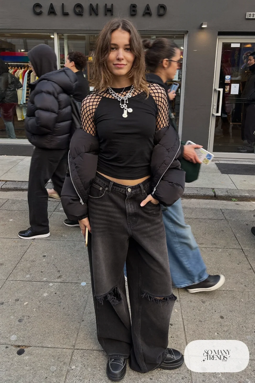 fishnet long sleeve top black tee baggy washed black wide-leg jeans platform sneakers outfit 8