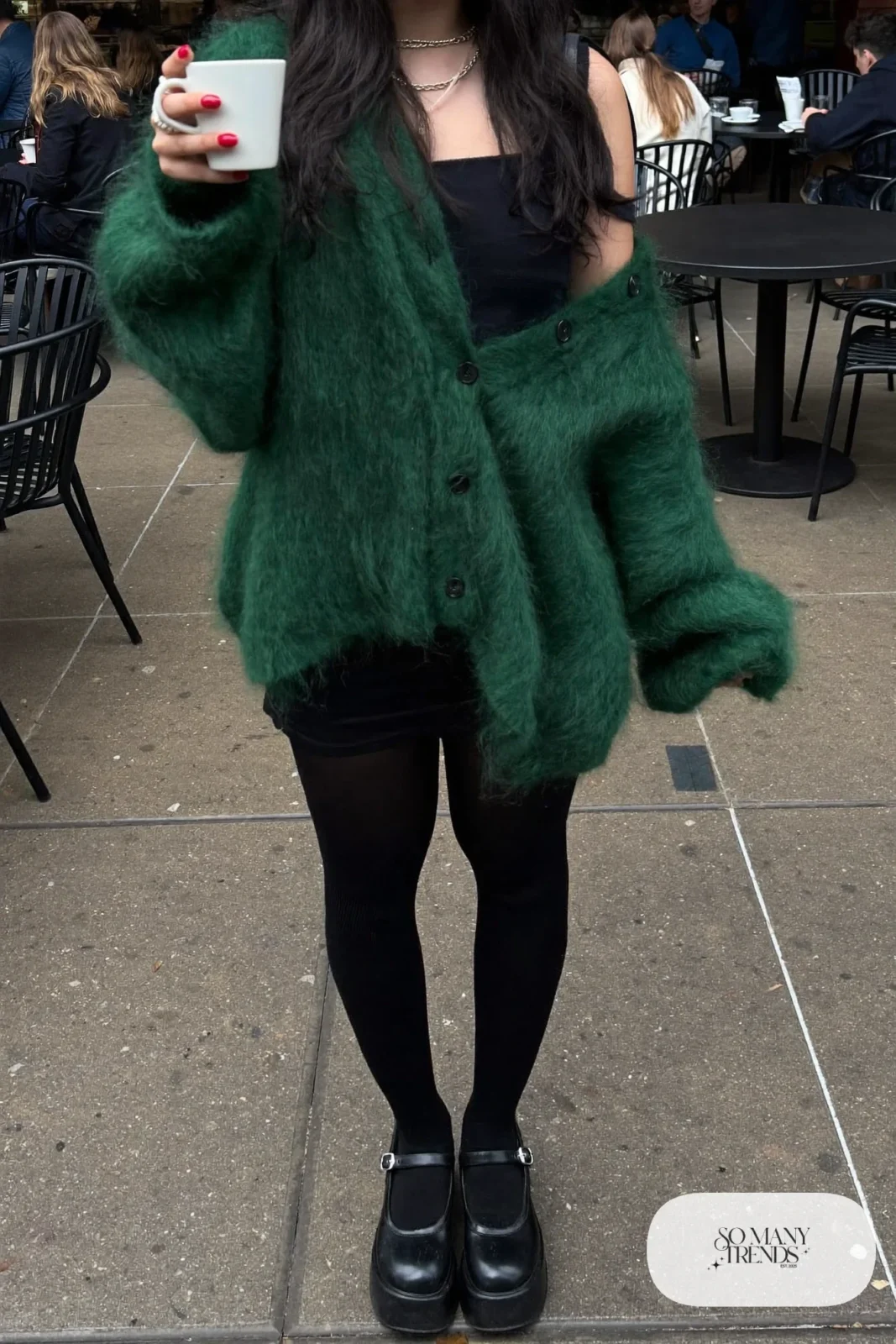 oversized forest green mohair cardigan black mini skirt band tee black tights platform mary janes outfit 9