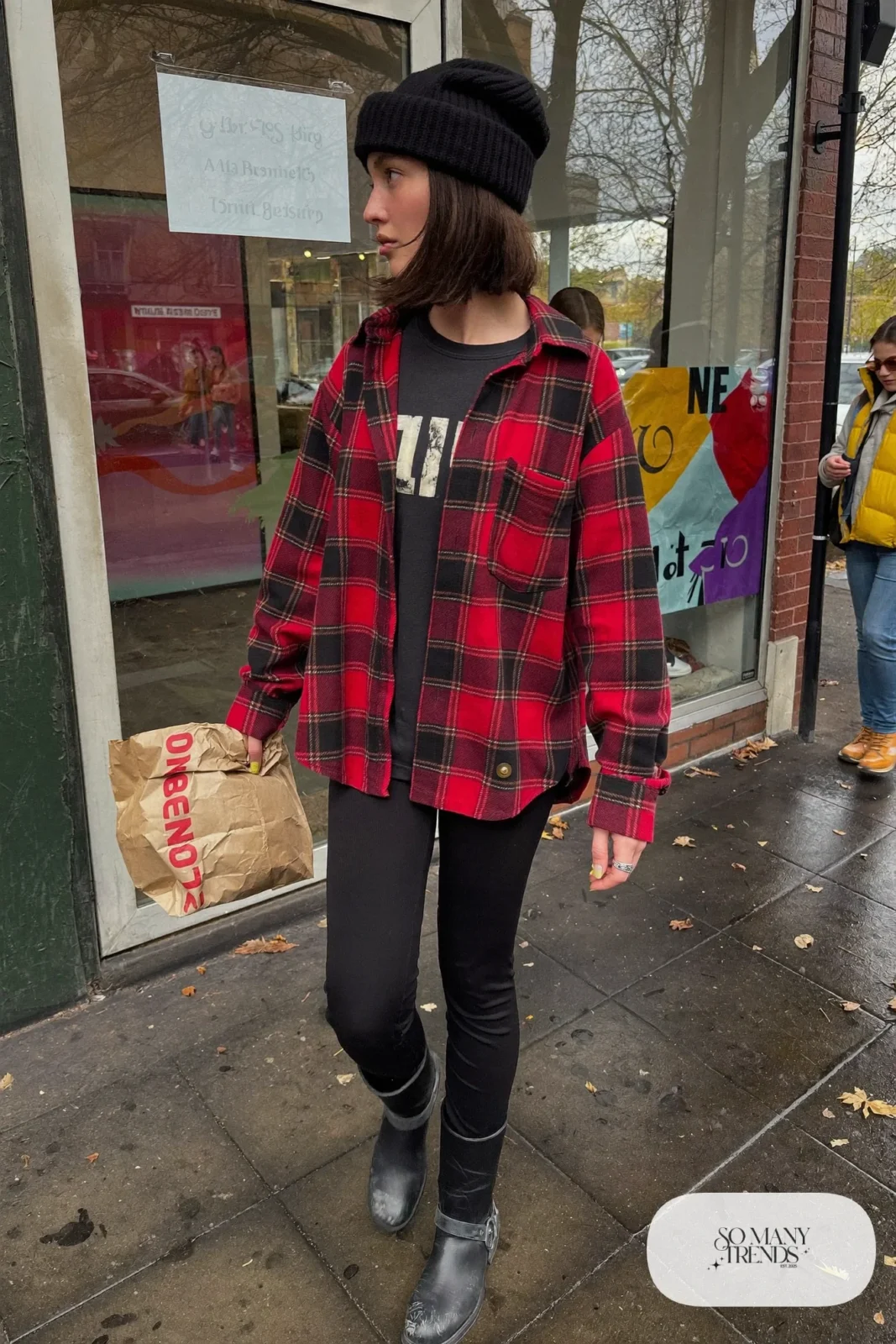 oversized red black plaid flannel shirt black tee black leggings scuffed boots beanie outfit 10