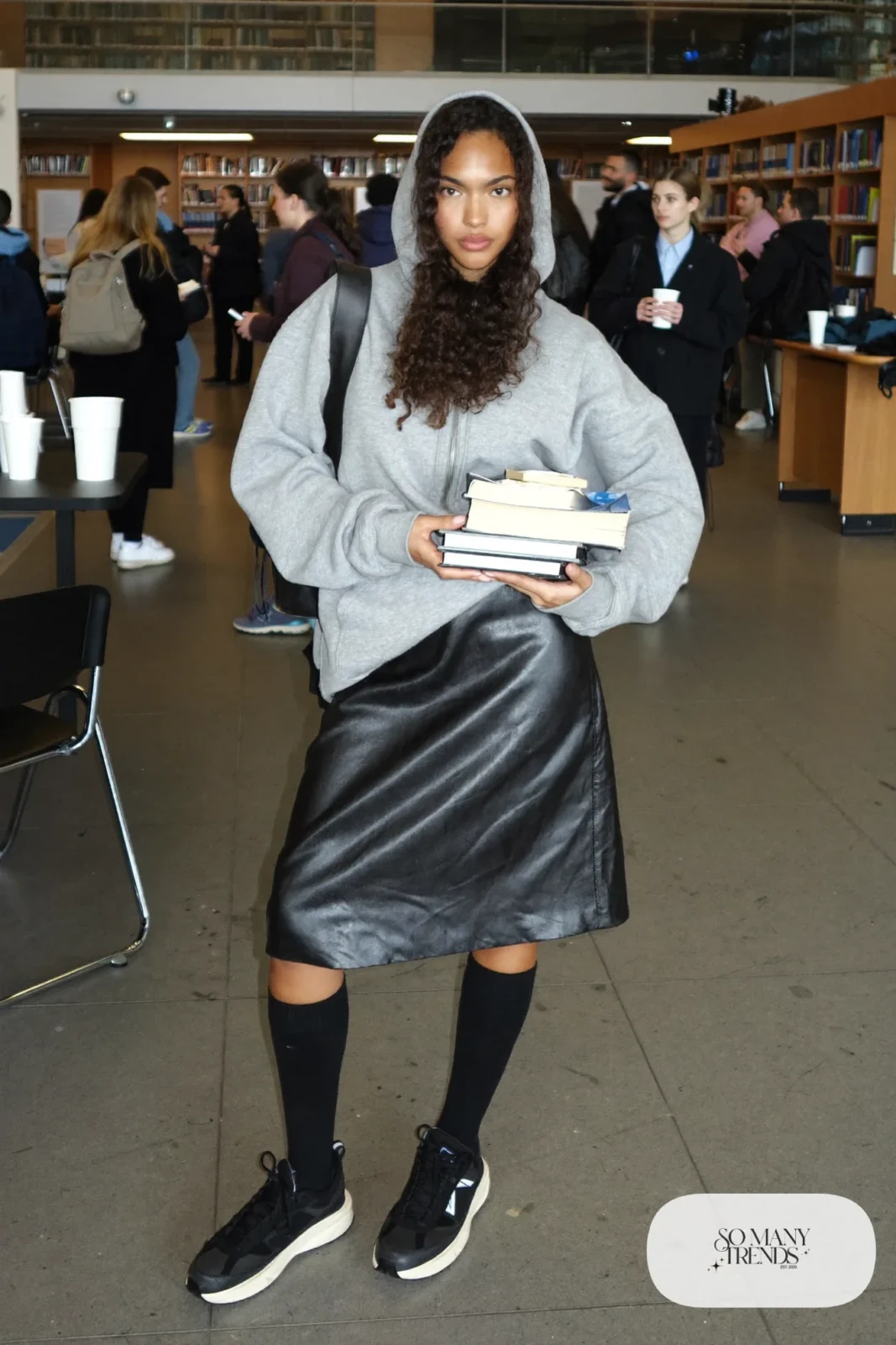 oversized gray hoodie black faux leather midi skirt black knee socks chunky sneakers outfit 14