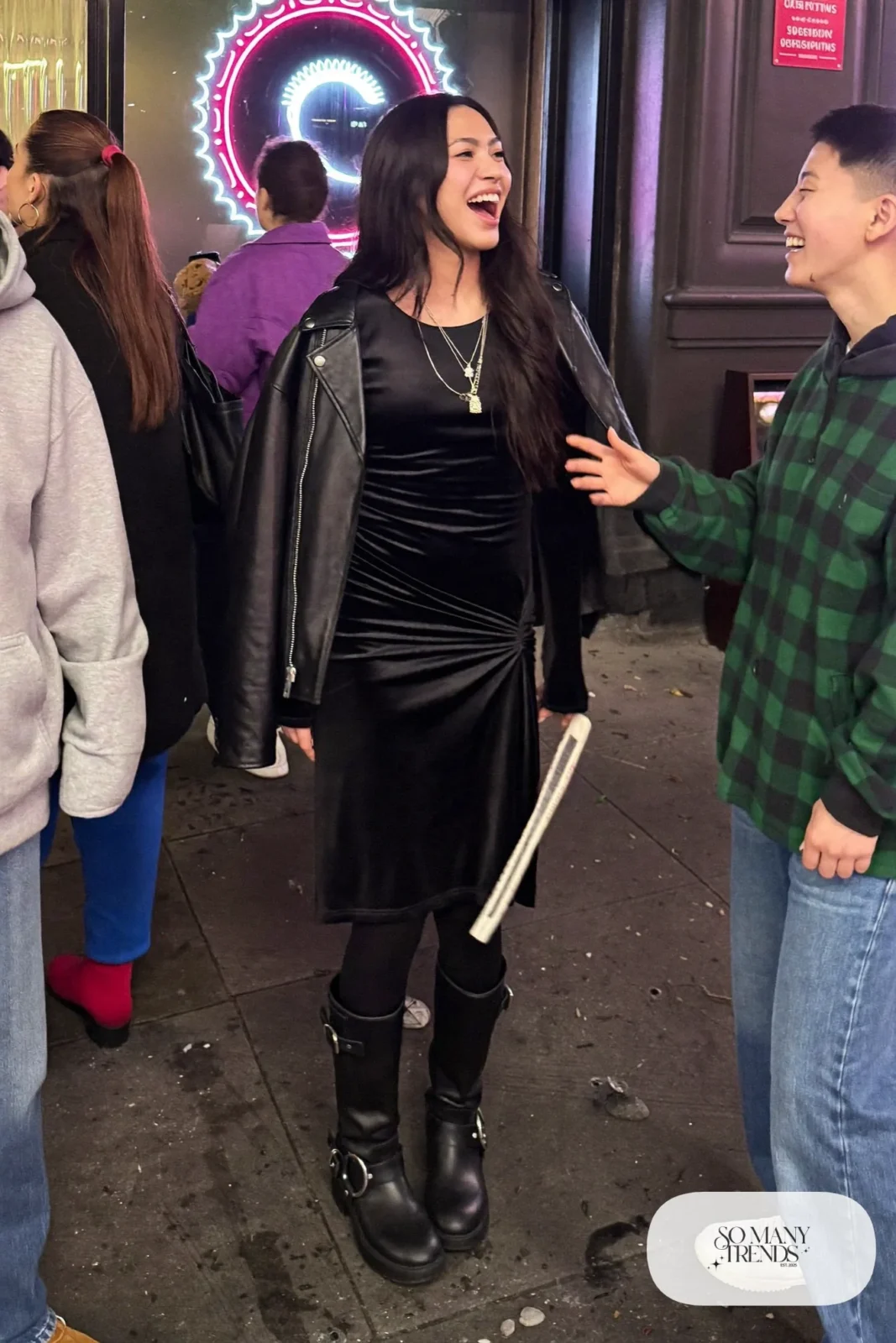 black velvet long sleeve midi dress opaque black tights moto boots leather jacket silver jewelry outfit 16