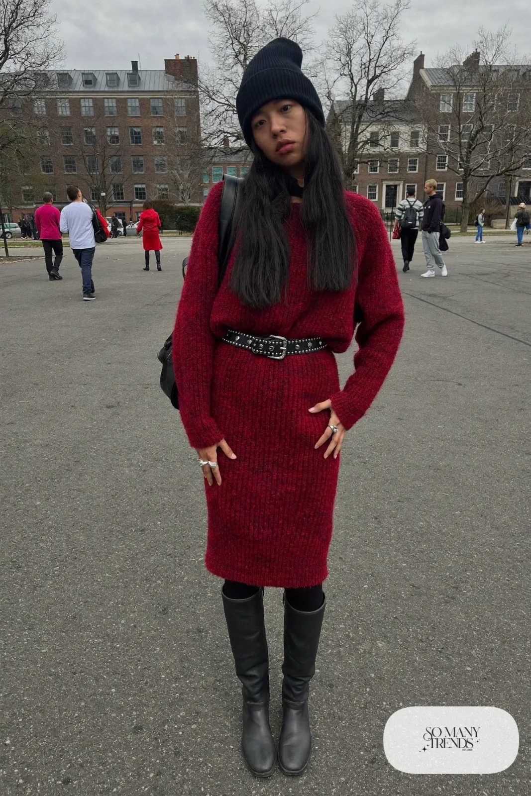 oxblood burgundy ribbed knit midi dress studded belt black tights tall black boots beanie outfit 18