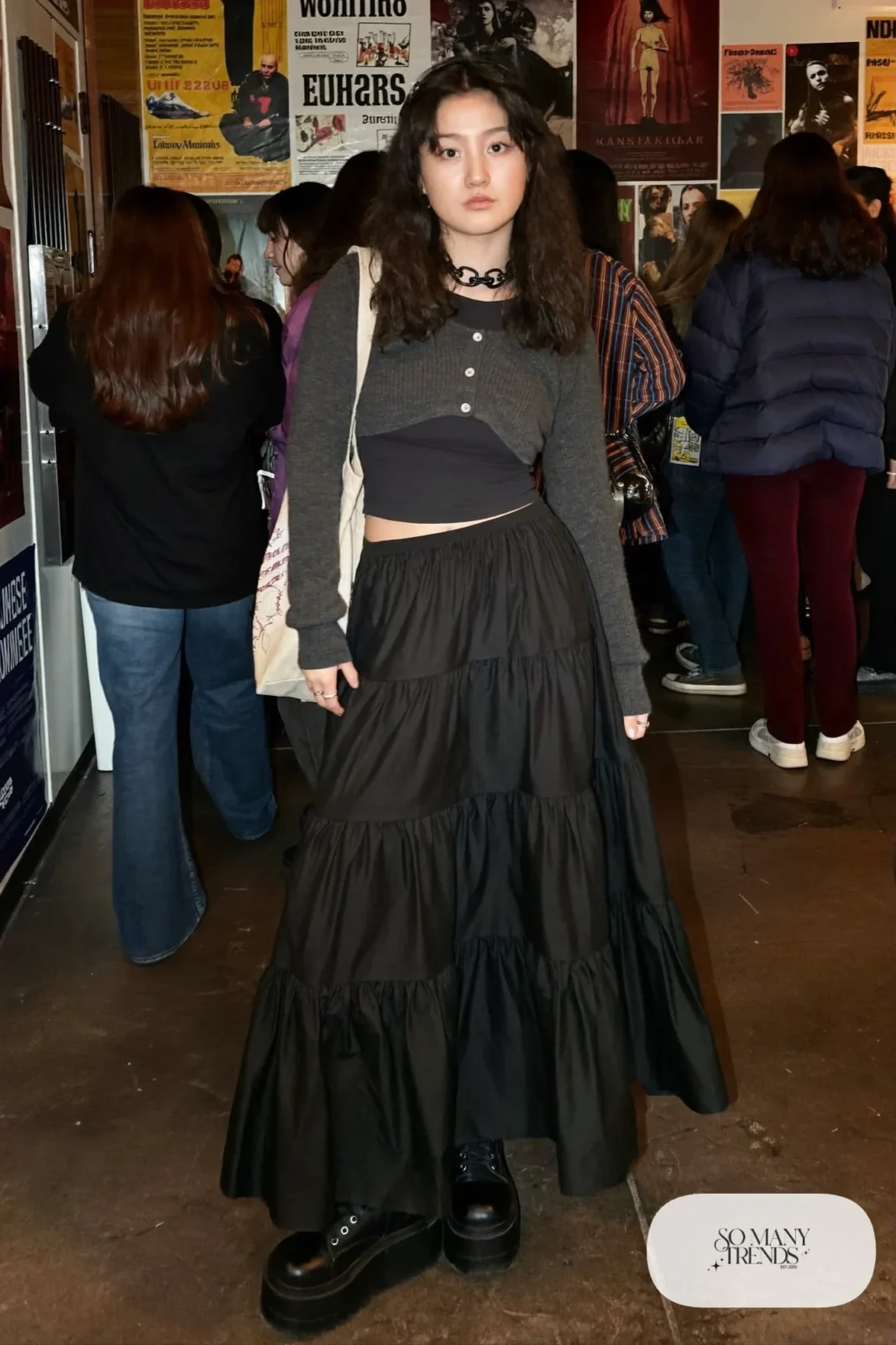 long black tiered maxi skirt cropped gray cardigan black tee platform boots outfit 24