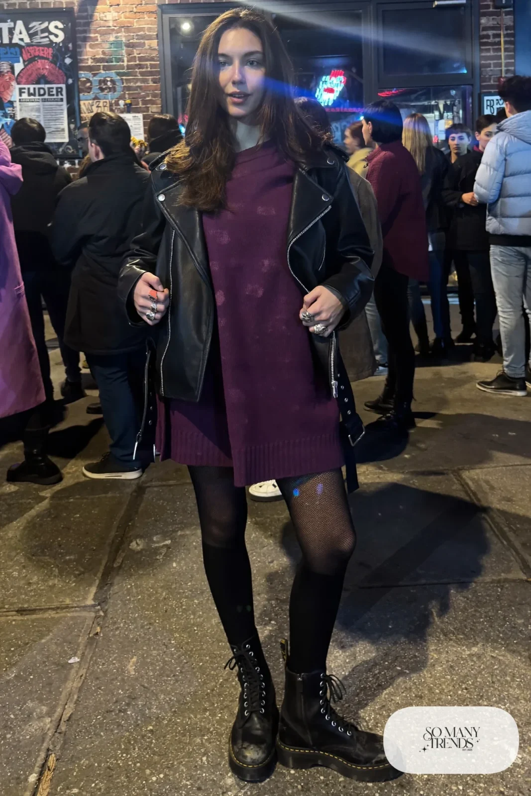 oversized plum knit sweater dress fishnet tights over black tights combat boots leather jacket outfit 25
