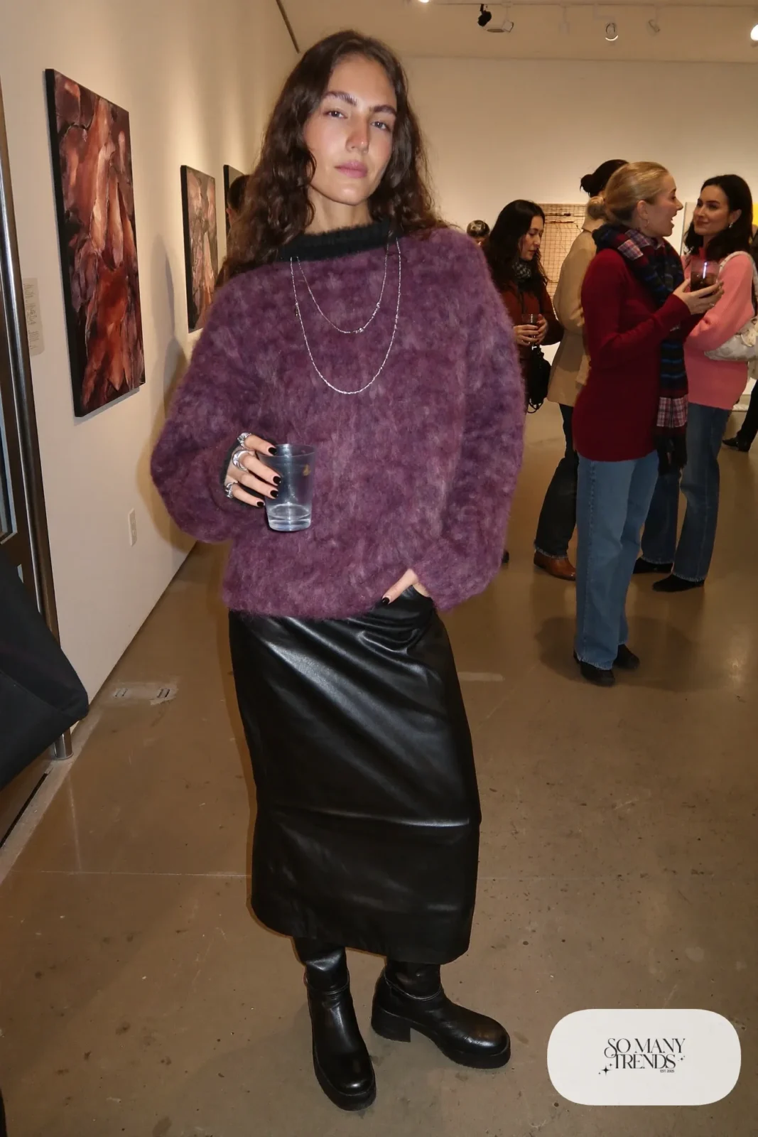 black faux leather midi skirt fuzzy plum mohair sweater tall black boots outfit 29