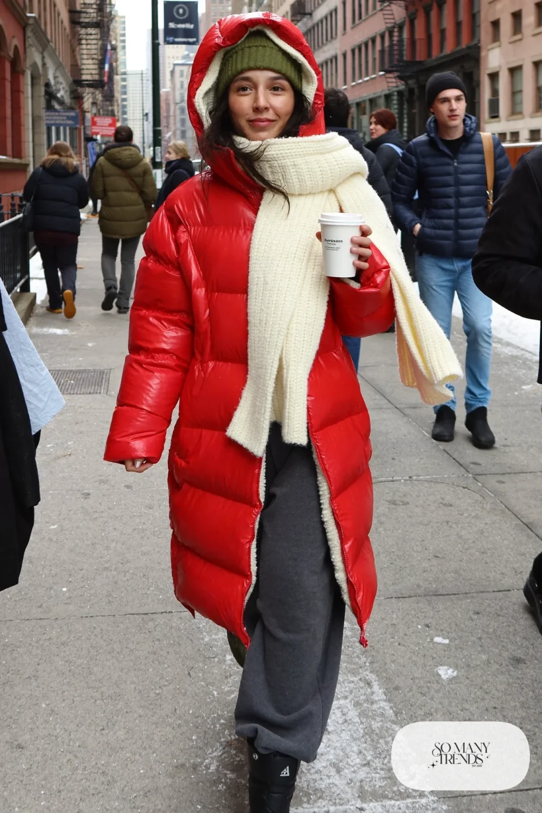 cherry red long puffer coat cream chunky scarf charcoal fleece-lined pants waterproof lug-sole boots outfit 1