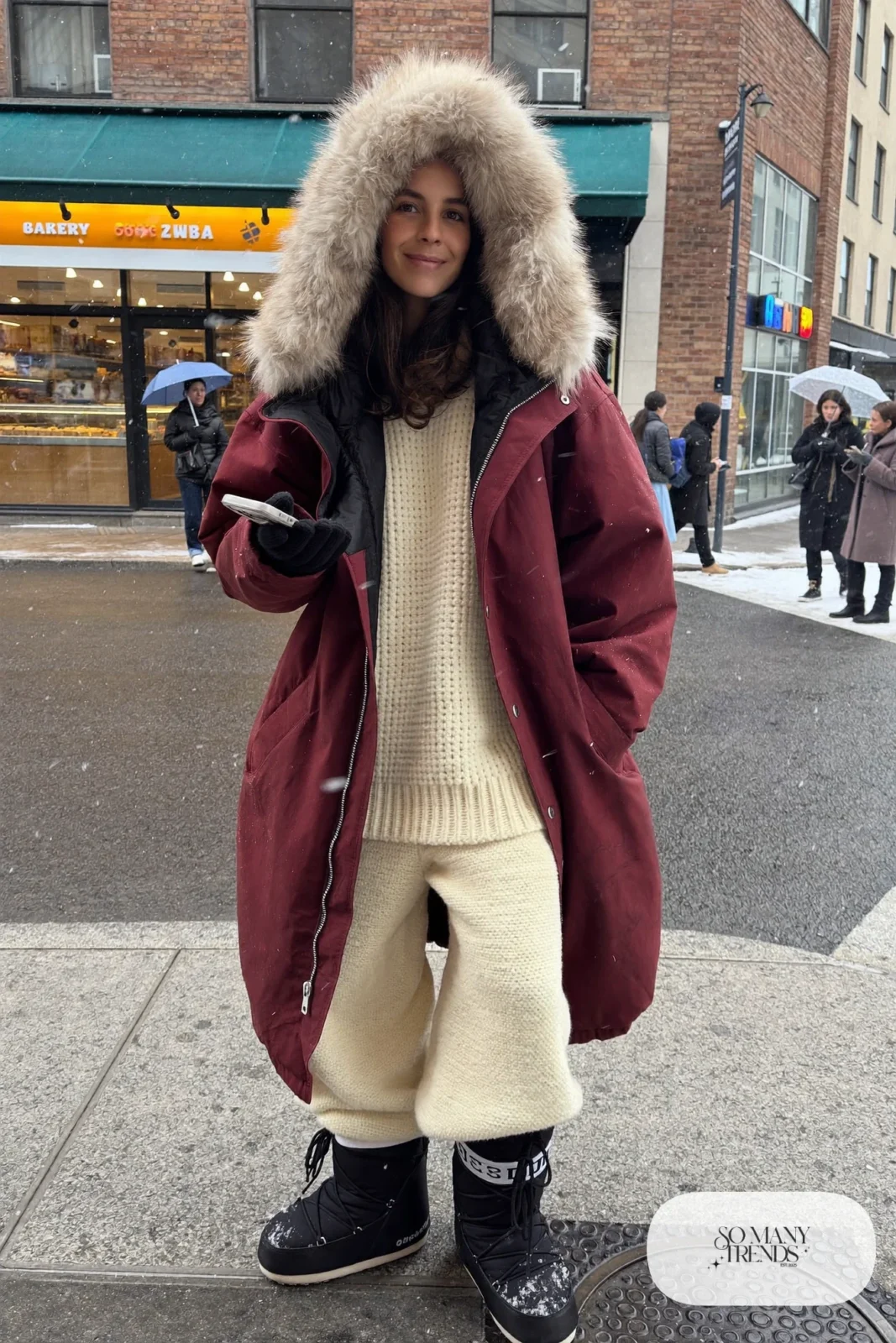burgundy long parka faux fur hood cream knit sweater and wide-leg knit pants set winter boots gloves outfit 4