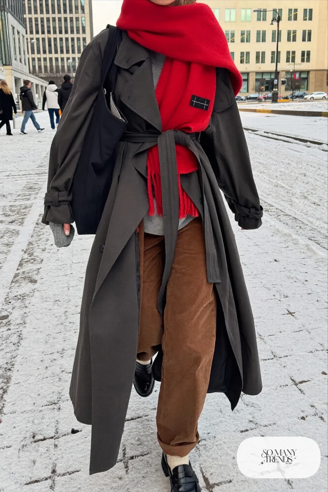charcoal gray long trench coat quilted liner red scarf rib sweater corduroy pants lug-sole loafers wool socks outfit 5