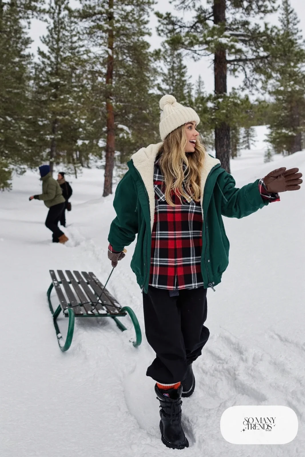 forest green anorak jacket red plaid flannel shirt snow pants pom-pom beanie waterproof boots outfit 8