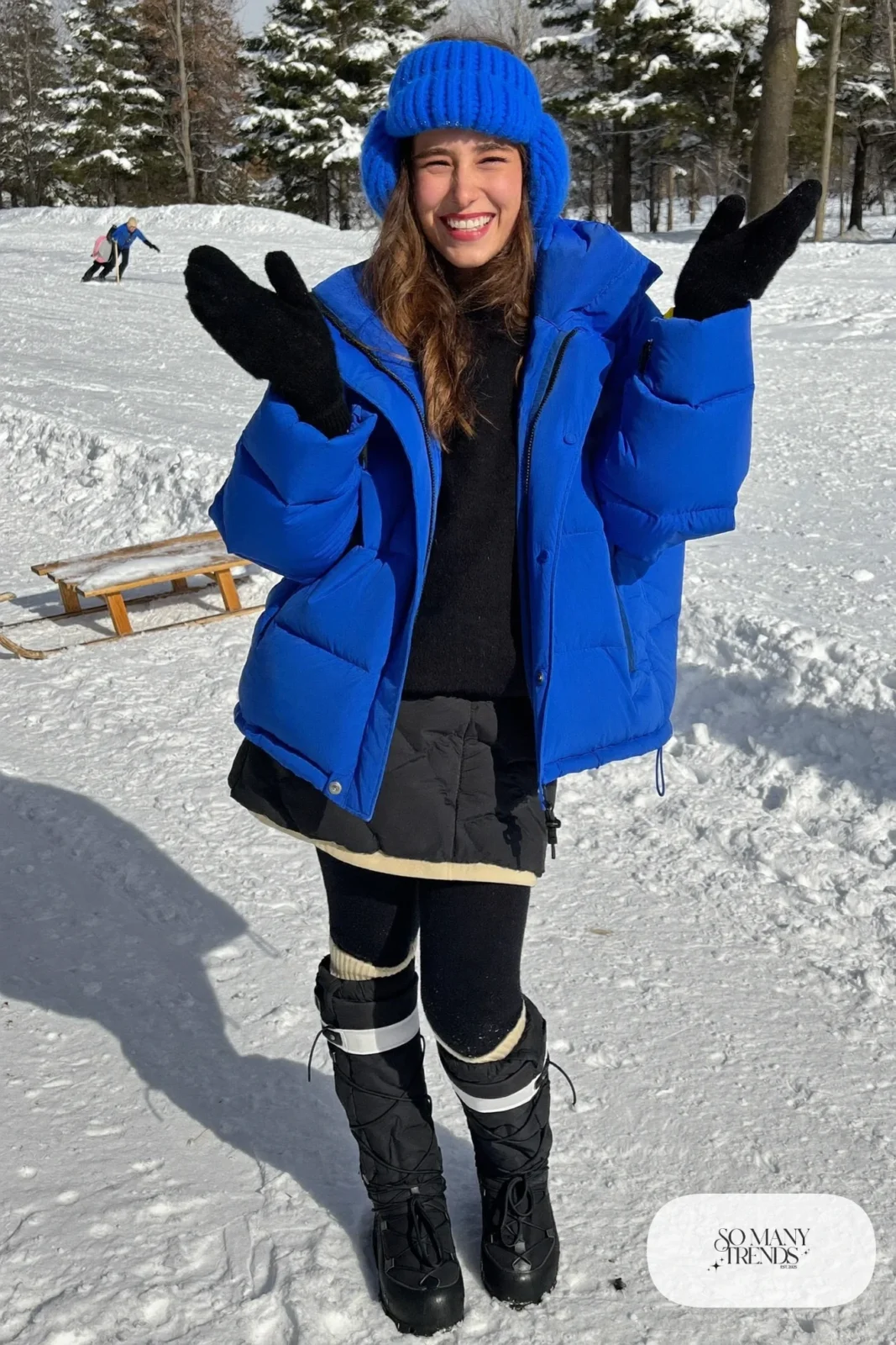 cobalt blue ski jacket black quilted skirt thermal fleece leggings tall waterproof boots ear warmer band outfit 9