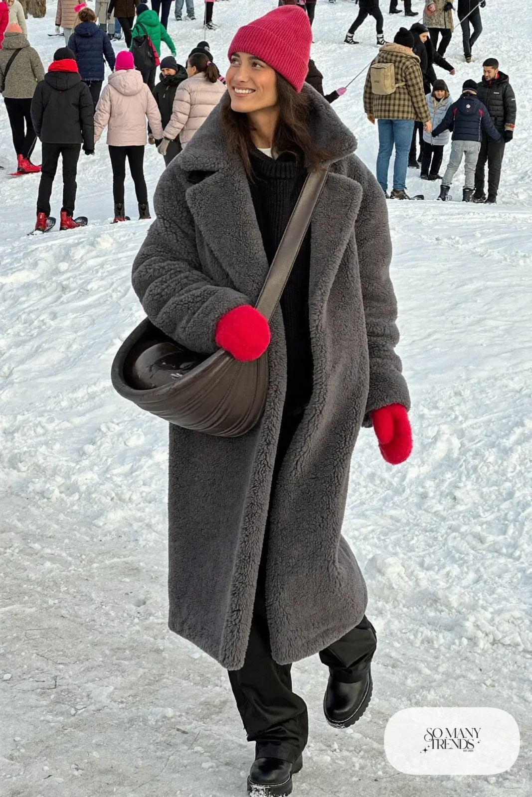 charcoal gray teddy fleece coat cherry red beanie and mittens black waterproof pants lug-sole boots outfit 10
