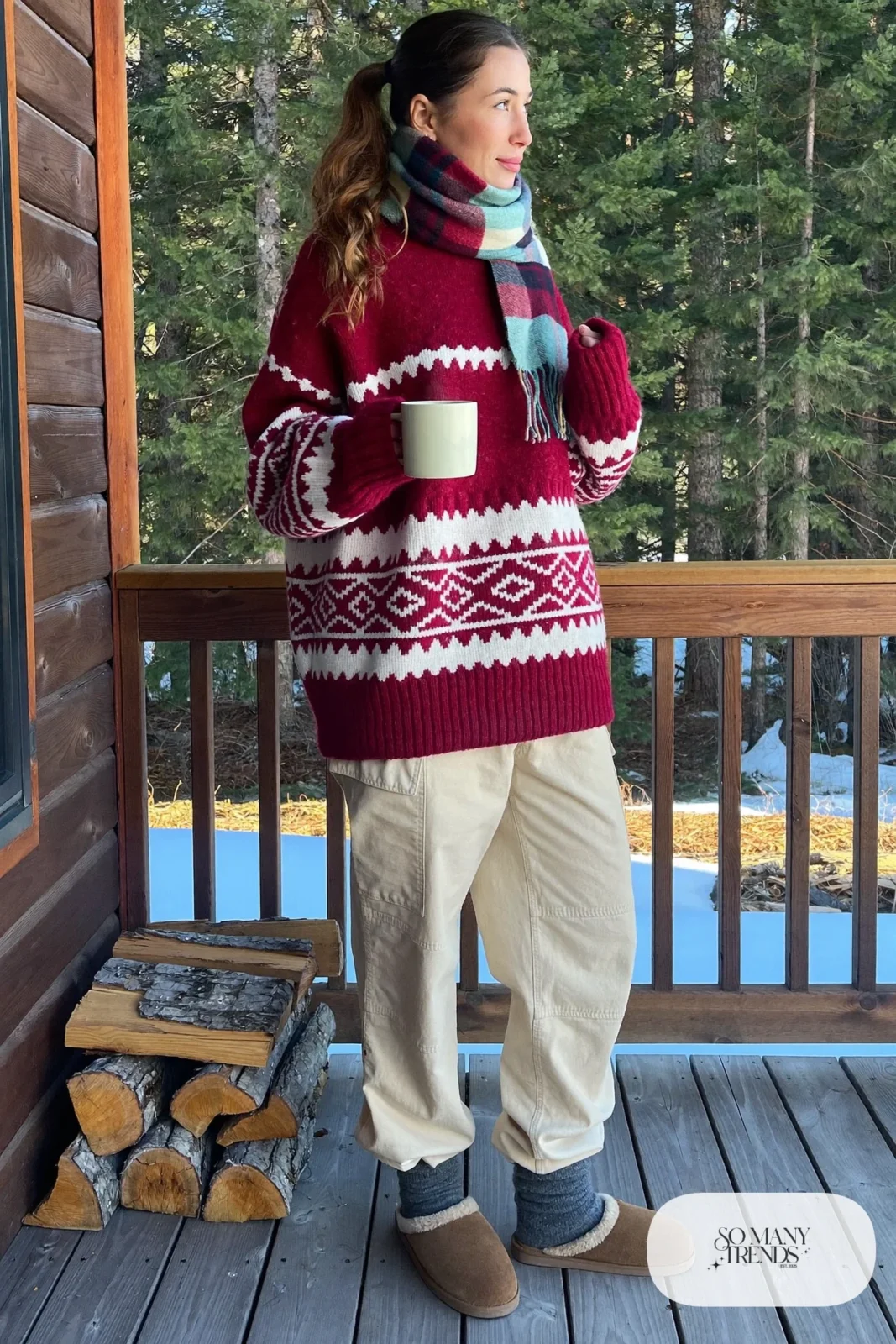 burgundy Fair Isle sweater cream fleece-lined cargo pants thick wool socks shearling slippers blanket scarf outfit 13