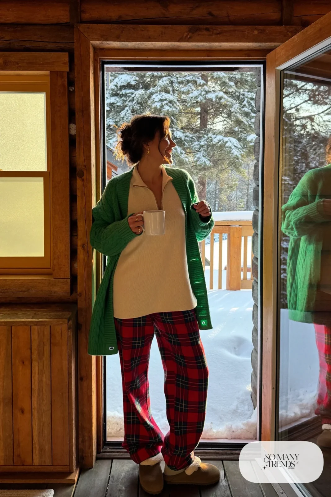 forest green long cable-knit cardigan ribbed long-sleeve top plaid flannel pants wool-lined clogs mug outfit 14