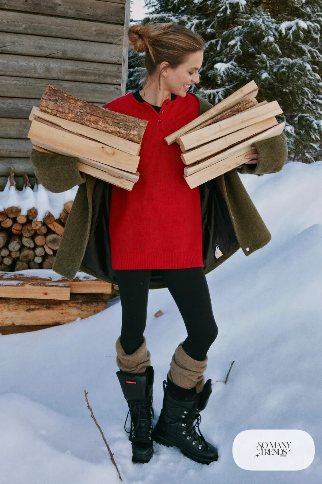 cherry red waffle-knit henley black fleece-lined leggings olive shacket wool boot socks ankle boots outfit 15