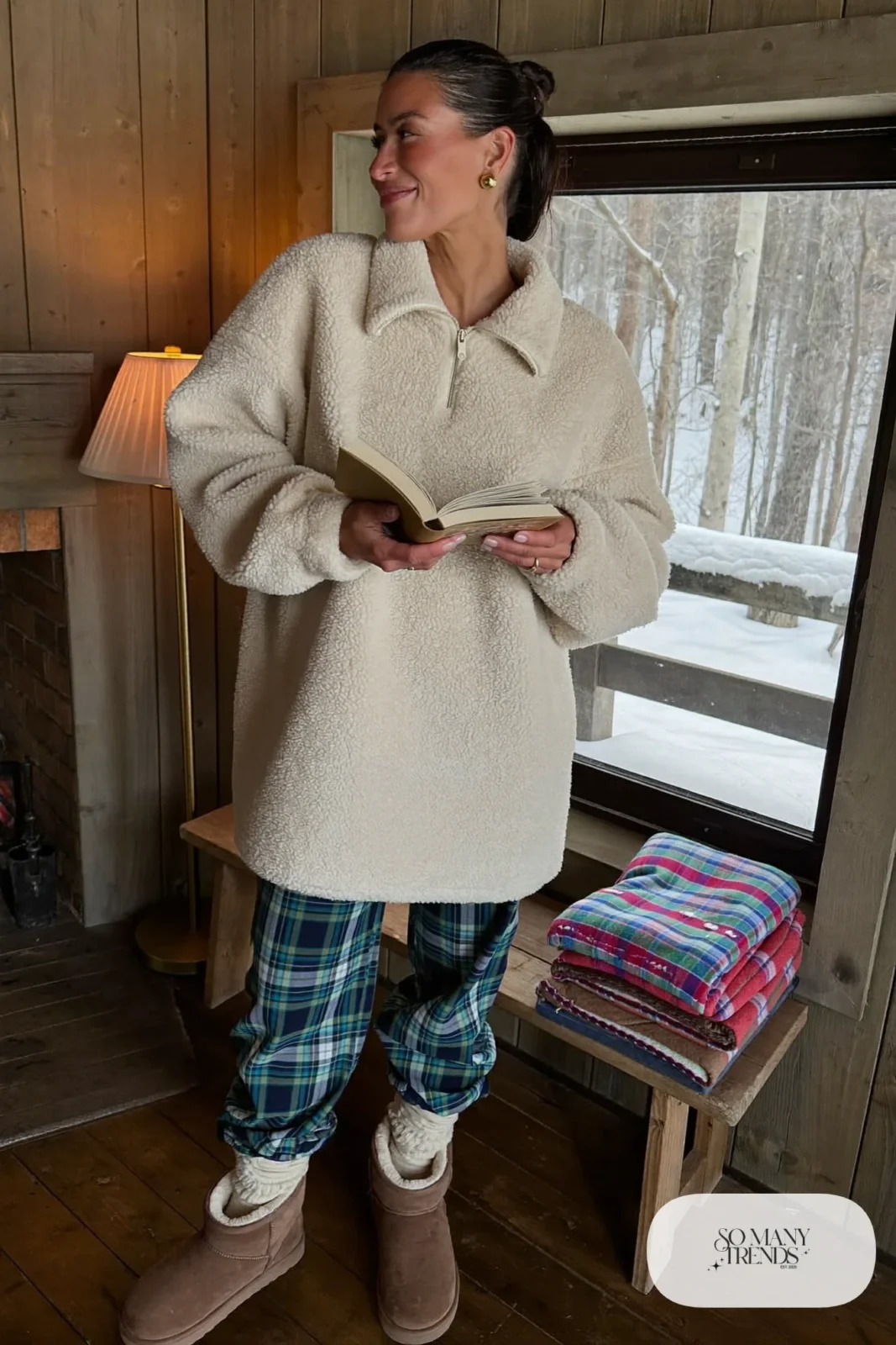 cream sherpa quarter-zip pullover green plaid flannel pants thermal top shearling-lined boots fuzzy socks outfit 16