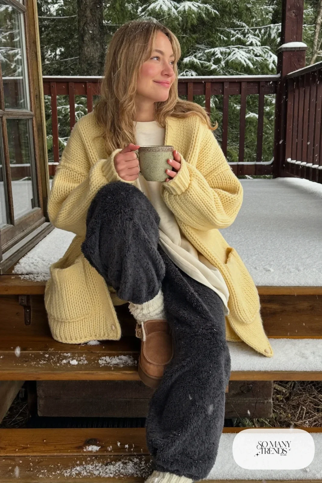 butter yellow chunky knit cardigan cream tee charcoal fleece joggers fuzzy socks slippers coffee mug outfit 18