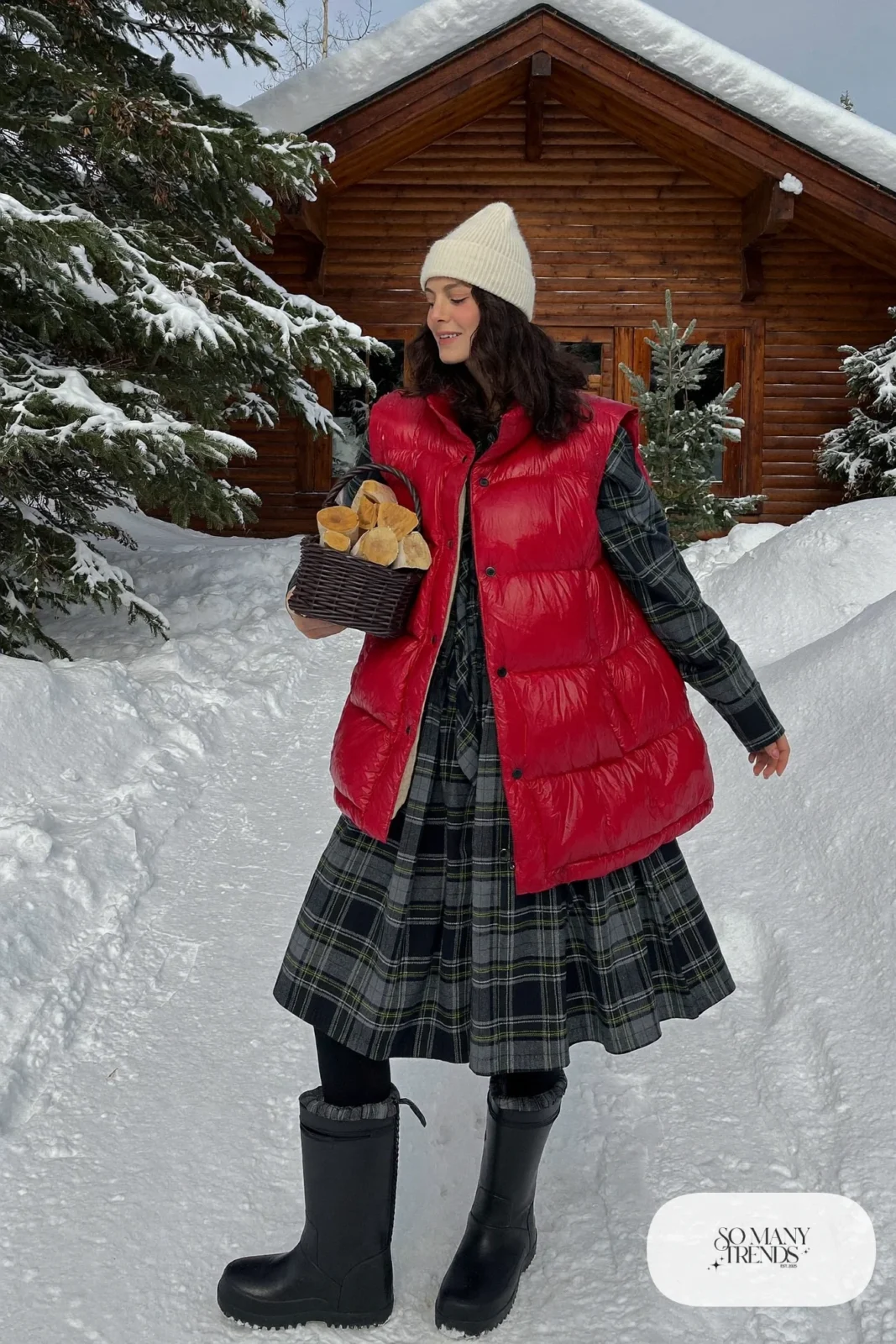 charcoal plaid flannel shirt dress fleece-lined tights tall waterproof boots long puffer vest beanie outfit 19