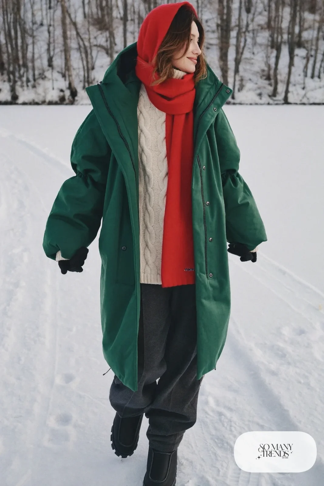forest green long hooded parka cherry red scarf wool-blend pants insulated ice-grip boots mittens outfit 20
