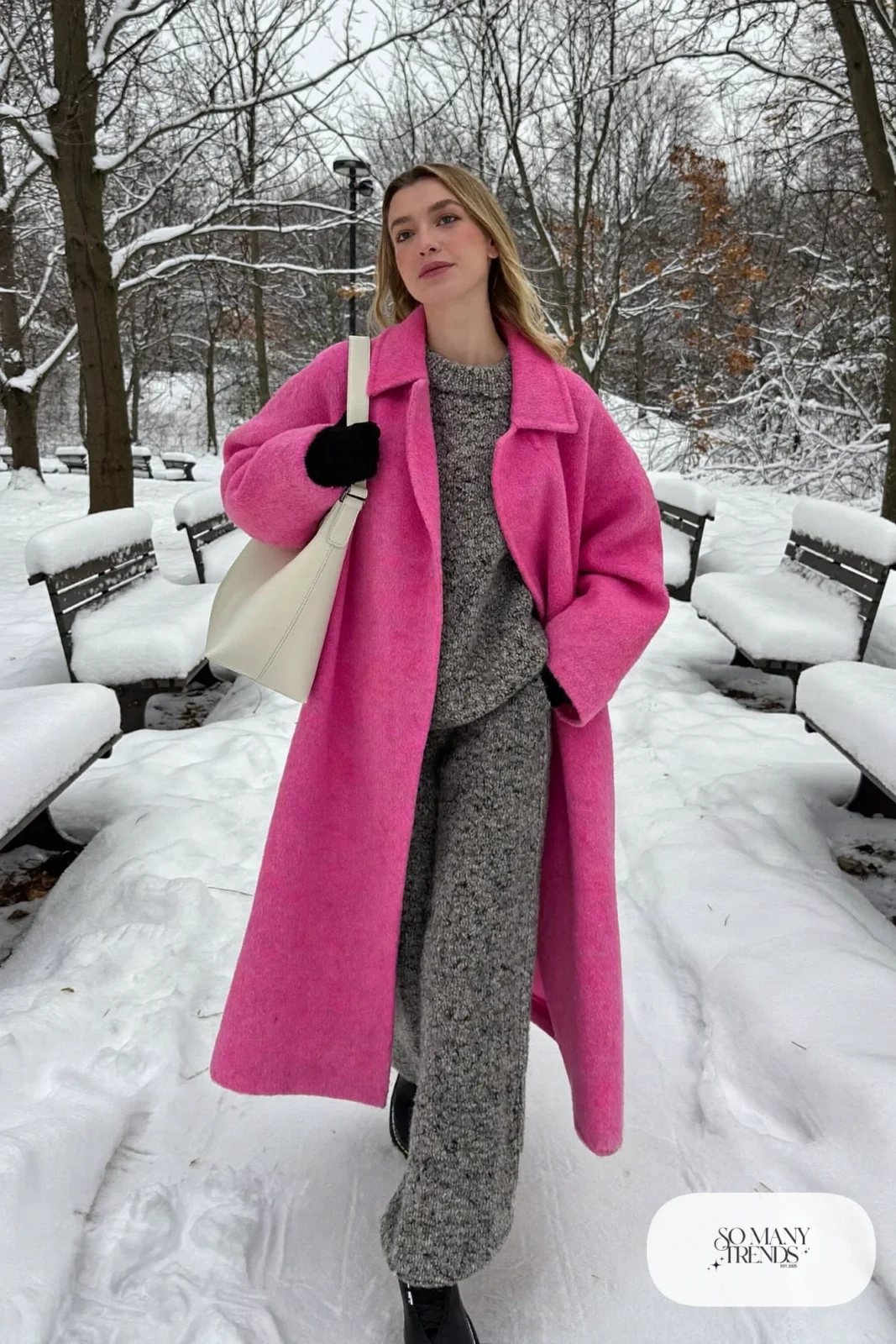 pink long wool coat heather gray knit sweater and pants set thermal leggings wool-lined gloves lug-sole boots outfit 21