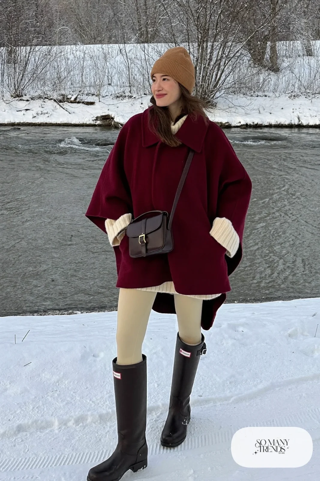burgundy wool-blend poncho coat cream fleece leggings chunky knit sweater tall winter boots beanie outfit 23