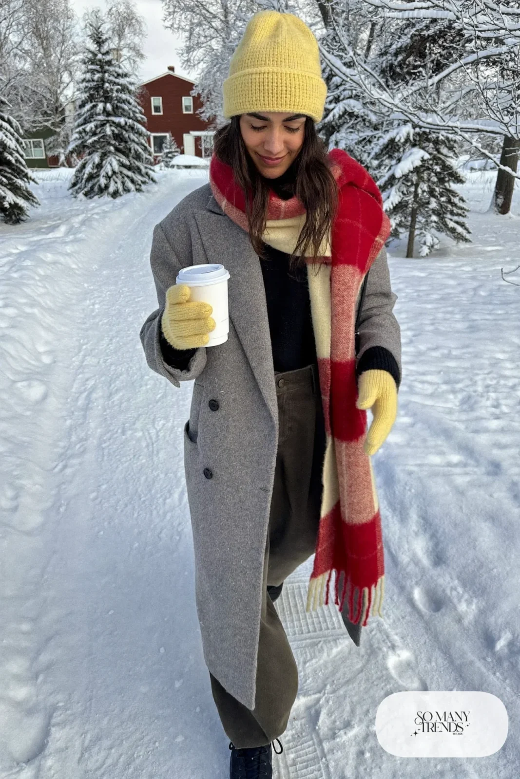 gray long wool coat butter yellow beanie and gloves plaid scarf merino sweater thermal-lined wide-leg pants snow boots outfit 24