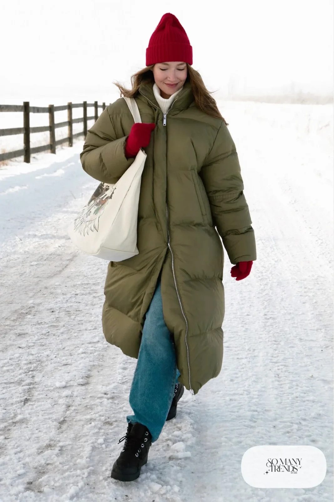 olive green long quilted coat cherry red knit hat and mittens straight jeans thermal leggings gusseted lace-up winter boots outfit 25