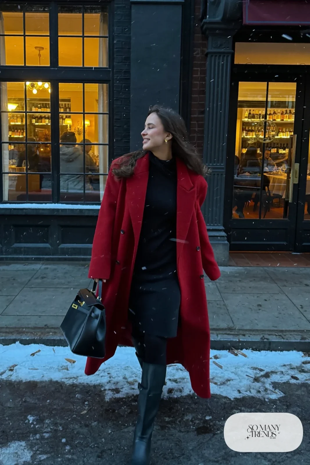 cherry red long wool coat black knit sleeved midi dress fleece-lined black tights tall waterproof boots structured bag outfit 26