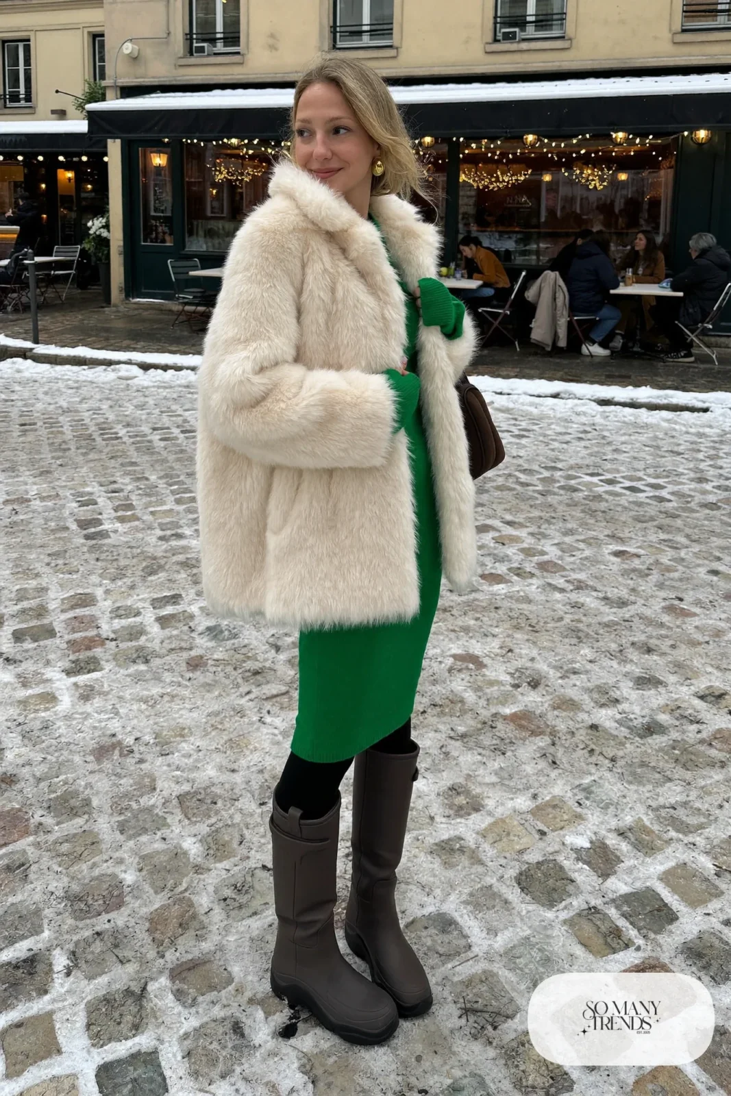 cream faux fur coat forest green knit midi dress fleece tights tall waterproof boots gold earrings bag outfit 28