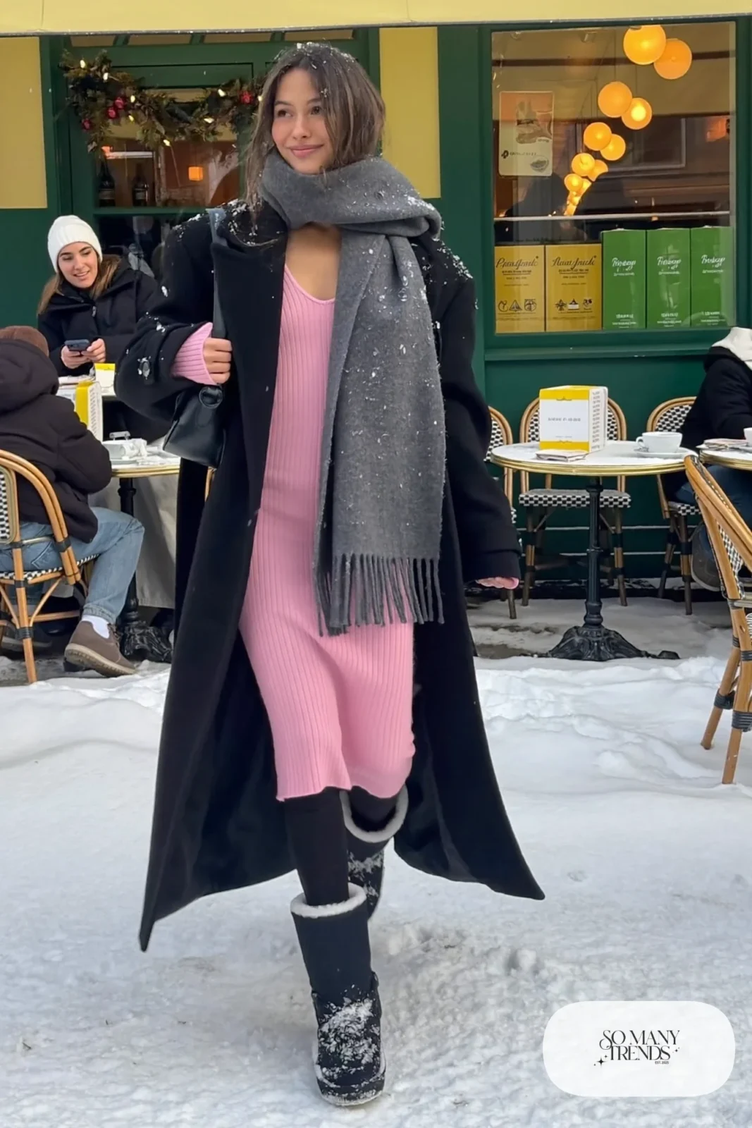 pink wool-blend sweater midi dress long black coat fleece tights black shearling-lined boots scarf outfit 30
