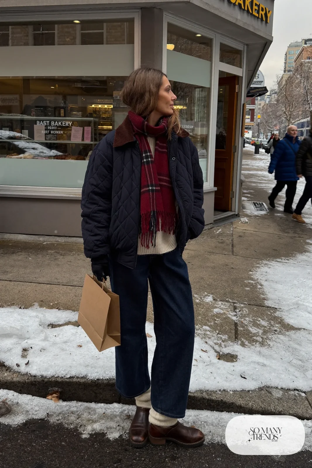 navy quilted barn jacket plaid wool scarf cream sweater dark jeans brown leather boots outfit 5