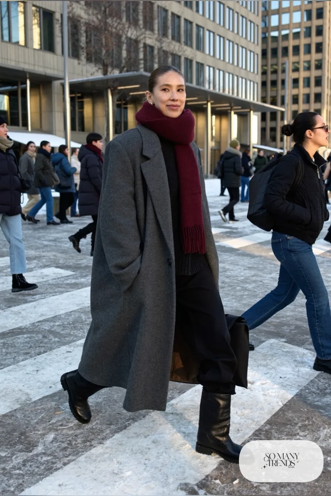 gray long wool coat black turtleneck black straight pants black leather boots cashmere scarf outfit 7