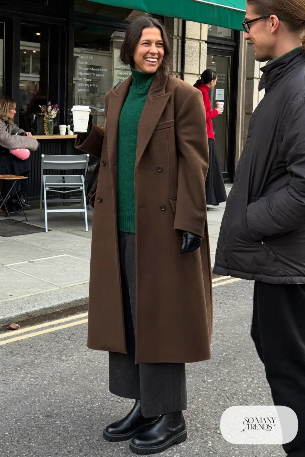 camel long wool coat forest green turtleneck charcoal wide-leg pants black Chelsea boots outfit 8