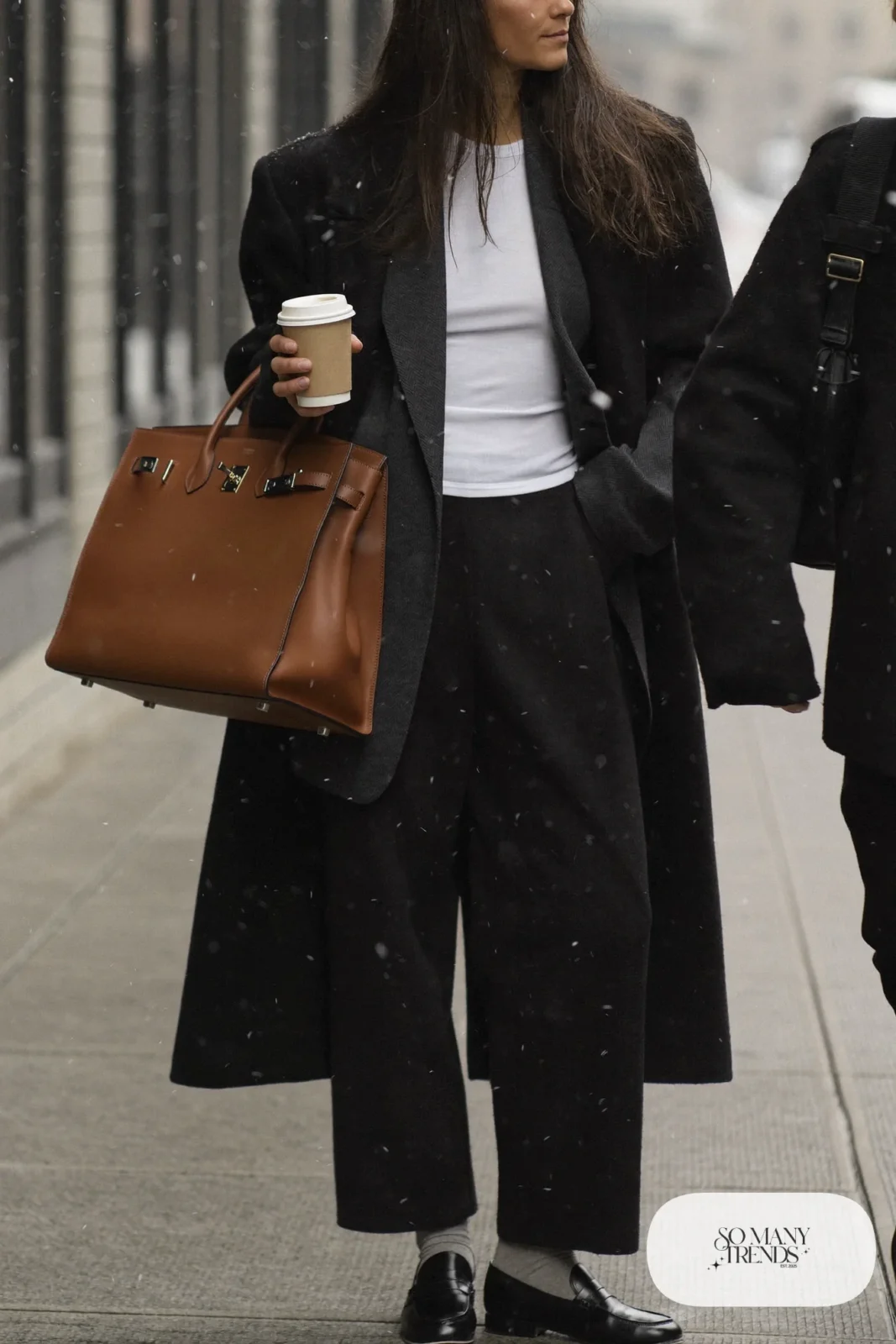 oversized black wool coat charcoal blazer thermal top black wool pants leather loafers socks outfit 10