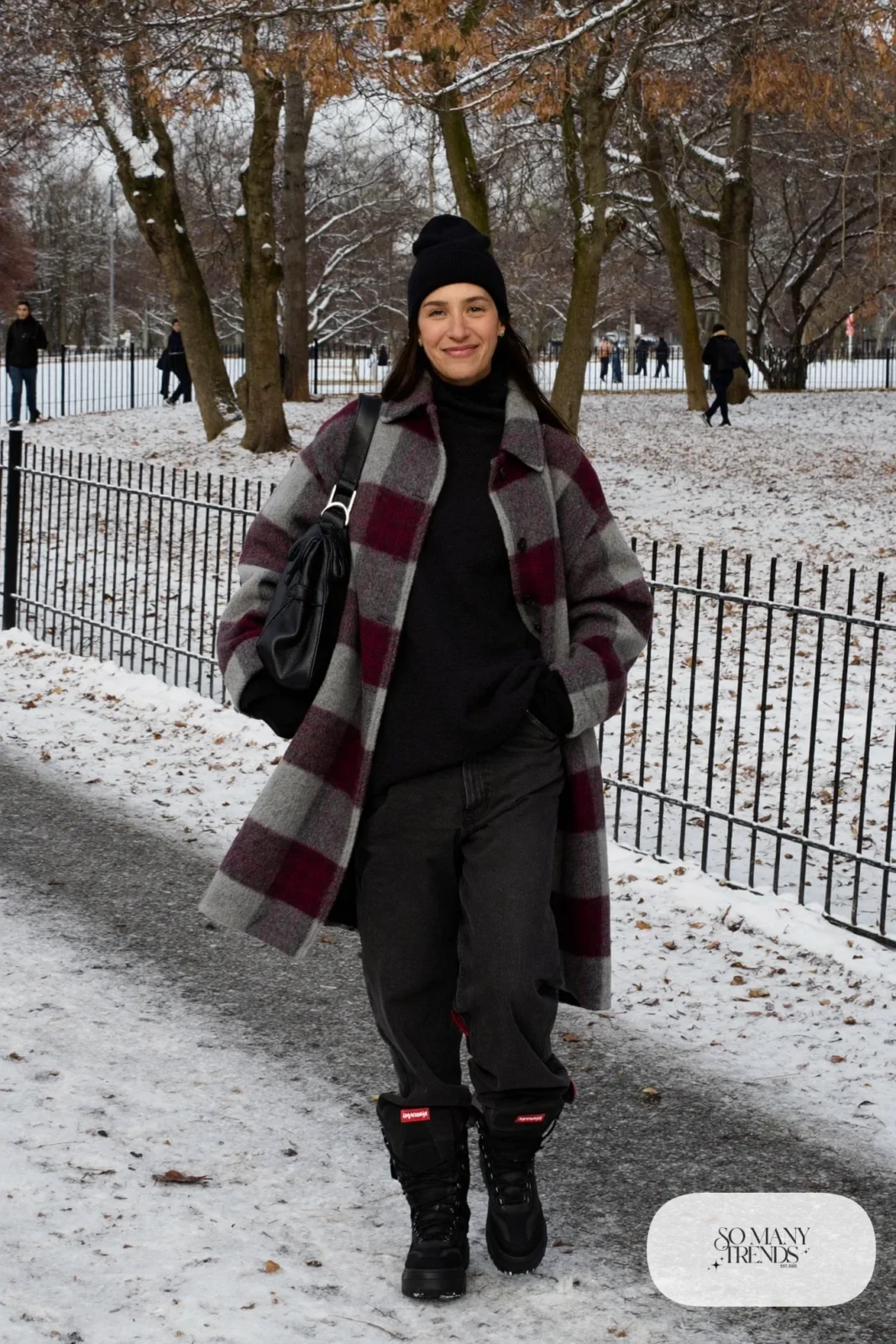 oversized plaid wool coat black thermal top black straight jeans black beanie waterproof boots outfit 12