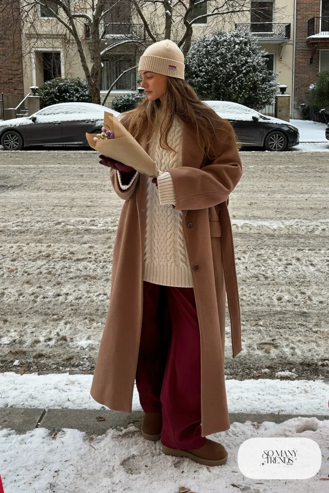 cream oversized cable knit sweater burgundy wide-leg pants long camel coat brown lug boots outfit 13
