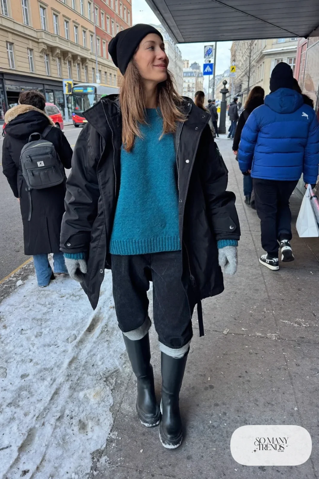 teal wool sweater dark fleece-lined jeans black parka tall boots gray mittens outfit 15