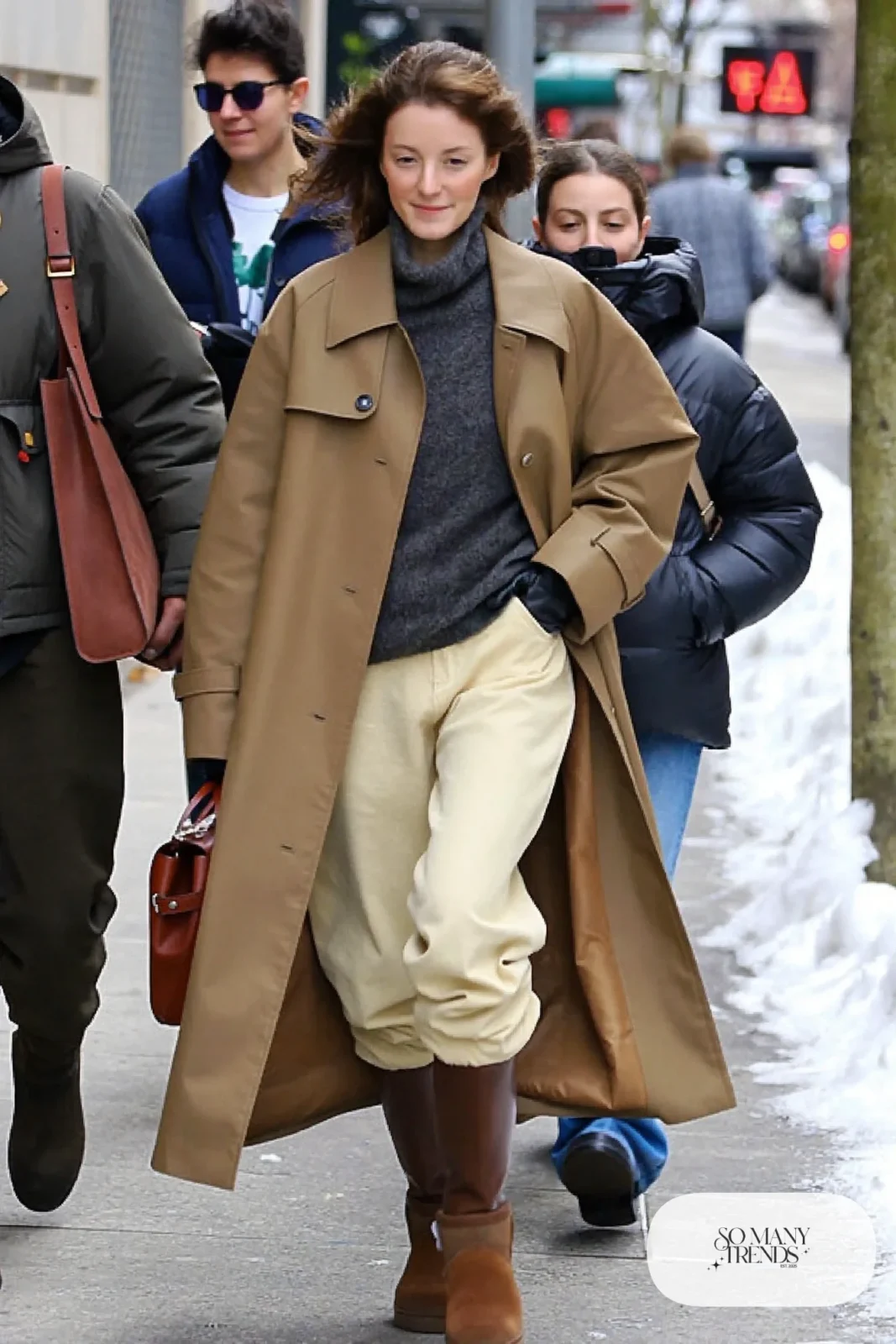 khaki trench parka charcoal mock-neck sweater cream wide-leg pants shearling-lined tall boots outfit 17