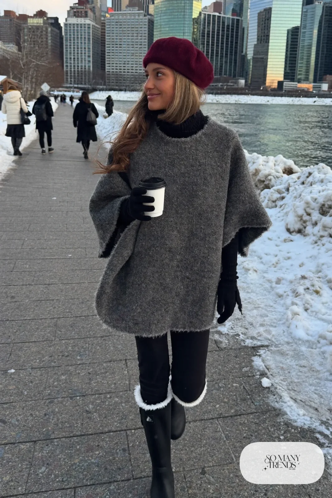 gray wool poncho black turtleneck fleece leggings knee-high boots wool beret outfit 18