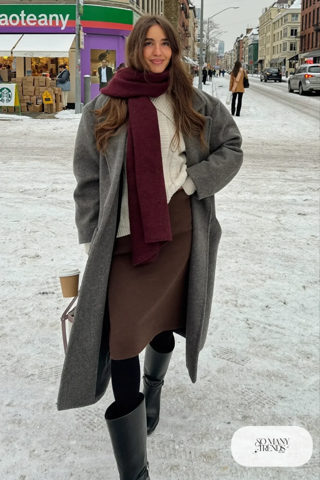 chocolate brown wool midi skirt cream chunky sweater fleece-lined tights tall boots long gray coat outfit 19