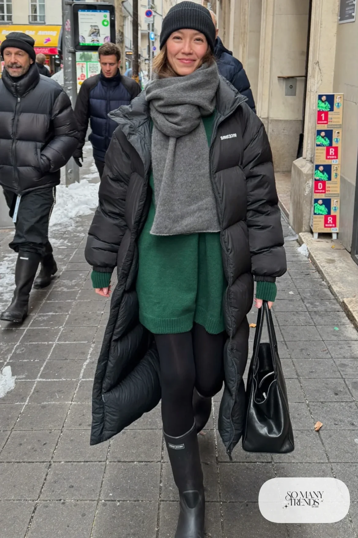 forest green long knit sweater dress black puffer coat thermal tights tall boots scarf outfit 20