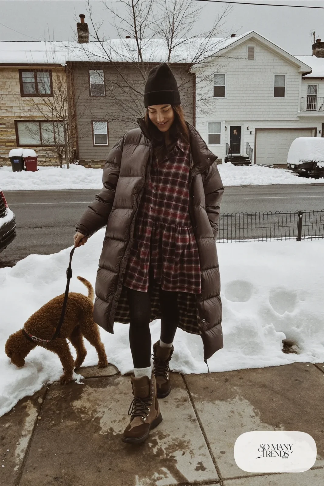burgundy plaid flannel shirt dress black thermal leggings long gray puffer wool socks boots outfit 22