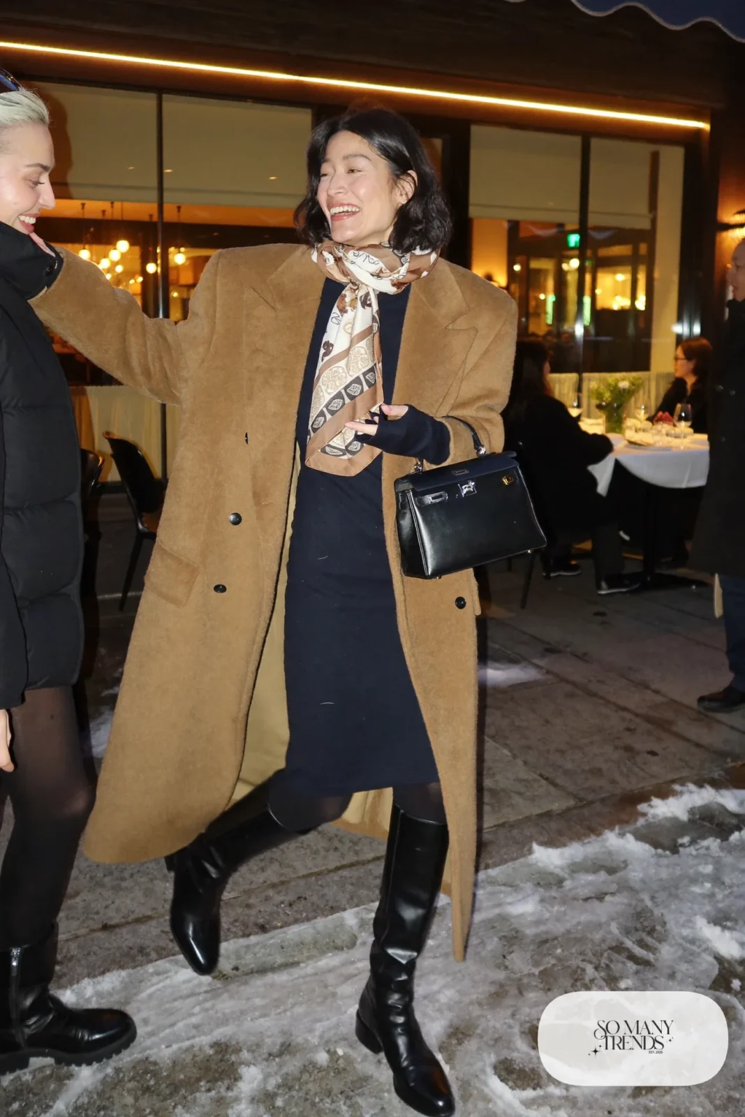navy long-sleeve wool midi dress long camel coat opaque tights tall leather boots silk scarf outfit 23
