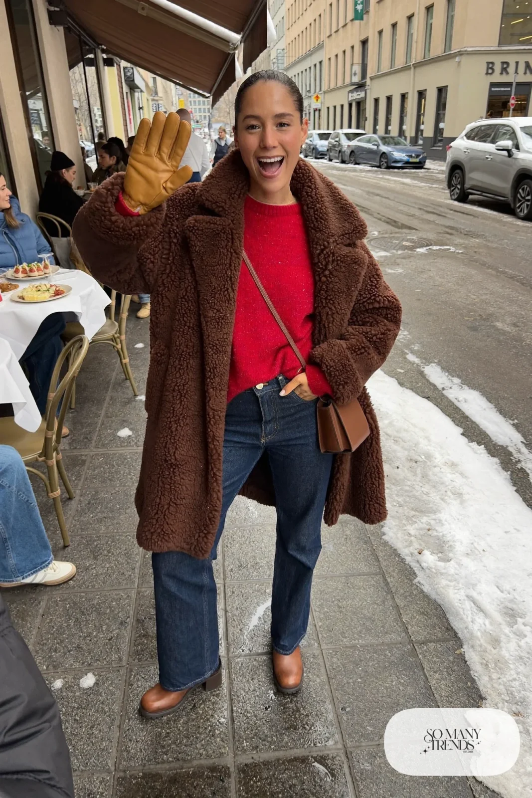 brown shearling coat cherry red sweater dark straight jeans leather block-heel boots gloves outfit 25